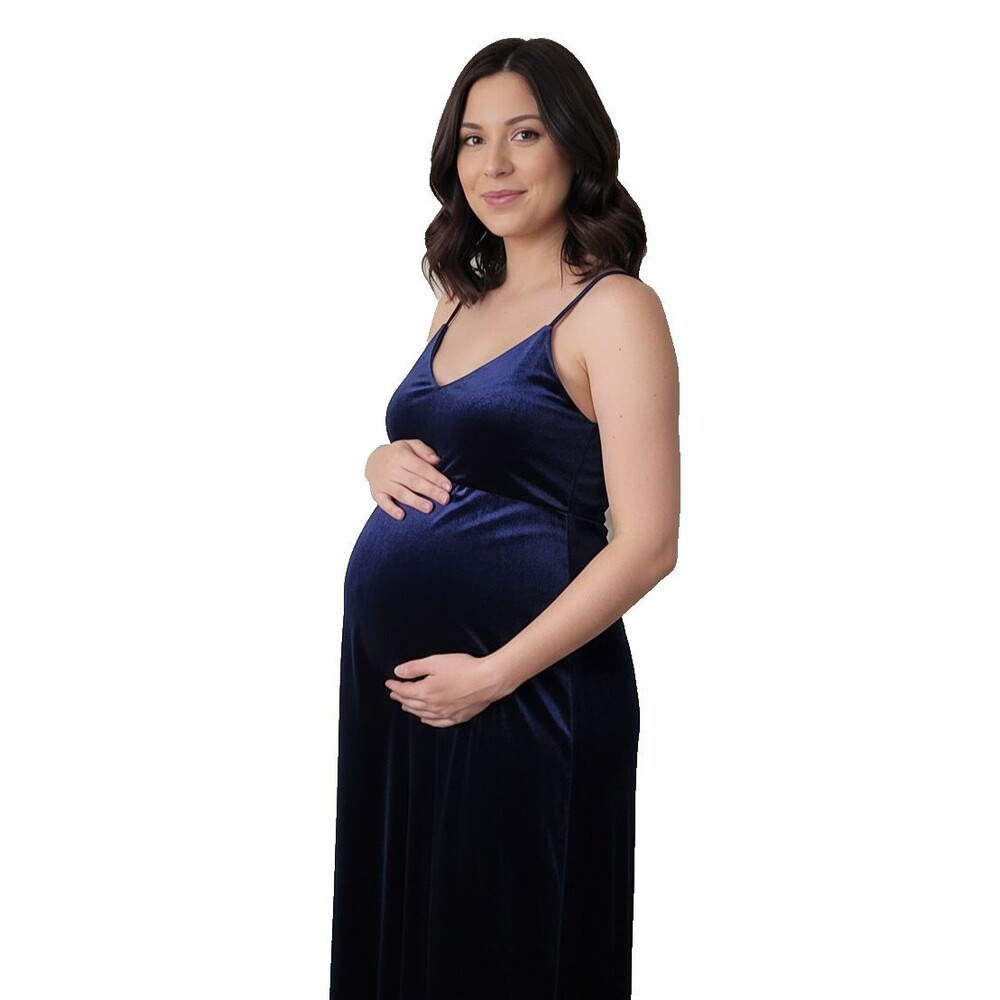 Maternity Dress Womens Size S Navy Velvet Spaghetti Straps V-neck Maxi Stretchy